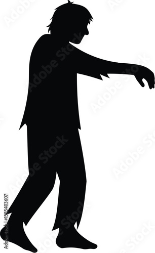 scary silhouette zombie walk, reanimated come back from the dead, haunted dead body with tattered cloth, spooky halloween shape illustration