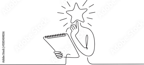 A Starry Mind Contemplating Ideas Writing on a Notepad Artistic One-Line Continuous Sketch Depicting Intellectual Creativity and Inspiration