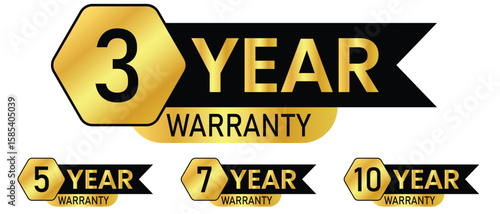 Warranty labels for 3, 5, 7 and 10 years, Year warranty Banner Label Sign Vector Design. black and gold warranty labels. 3, 5, 7 and 10 years warranty in hexagon  vector product quality sticker. 