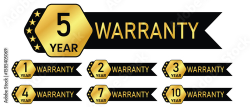 Year warranty Banner Label Sign Vector Design, Warranty labels for 1, 2, 3, 4, 5, 7 and 10 years, black and gold warranty labels. 1 to 10 years warranty in hexagon  vector product quality sticker. 
