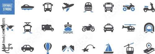 Travel and Transport Icon Set – Airplane, Train, Ship, Scooter, Travel, Commute, Vacation, Cruise, Journey, Transportation Mode

