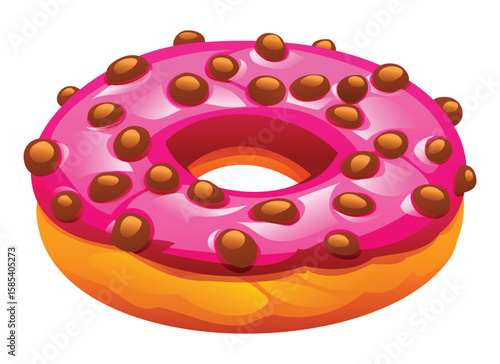 Strawberry pink glazed donut embellished with chocolate balls on top, isolated on a white background. Vector cartoon illustration