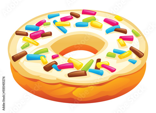 Sweet vanilla white glazed donut adorned with an assortment of colorful sprinkles on a white background. Vector cartoon illustration