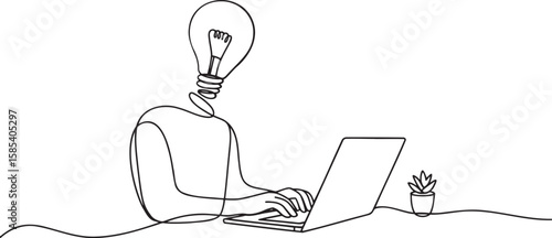 Creative Professional Working Diligently Continuous Line Drawing of a Light Bulb Headed Person Typing on a Laptop with a Plant Nearby