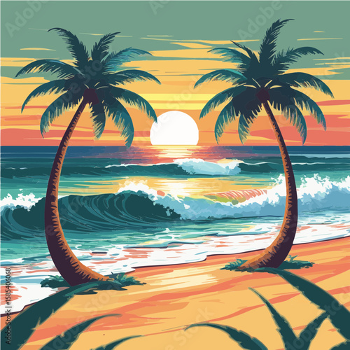 Tropical Sunset Beach Vector Illustration with Palm Trees, Ocean Waves and Vibrant Sky