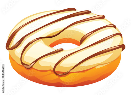 Vanilla flavored donut with white glaze and elegant chocolate drizzle on a white background. Vector cartoon illustration
