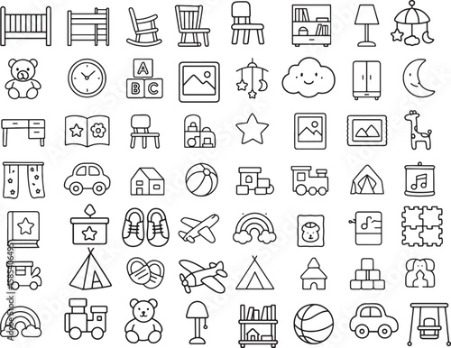 Collection of Children's Bedroom Furniture, Toys, and Decor Outline Icons