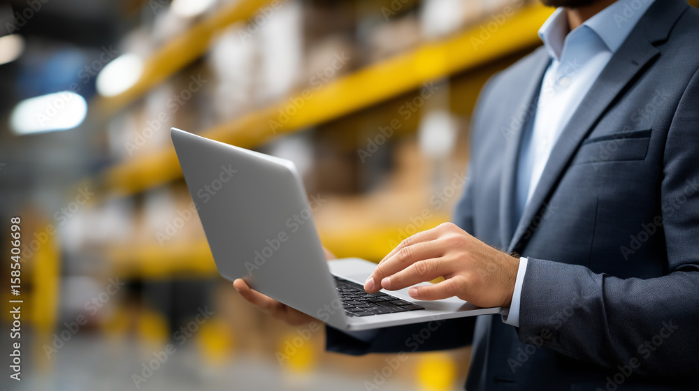 Warehouse Manager Using Laptop to Check Stock in Busy Warehouse Warehouse Manager Using Laptop to Check Stock in Busy Warehouse
