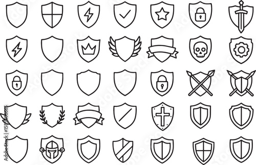 Collection of Security, Gaming, and Medieval Heraldry Shield Outline Icons