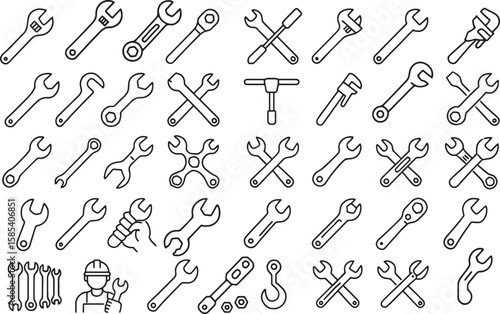 Collection of Wrench, Spanner, and Repair Service Outline Icons