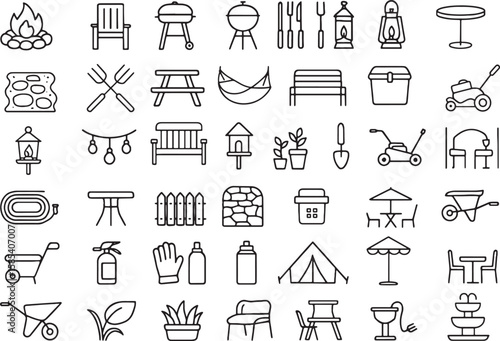 Collection of Garden Furniture, Barbecue, and Outdoor Recreation Outline Icons