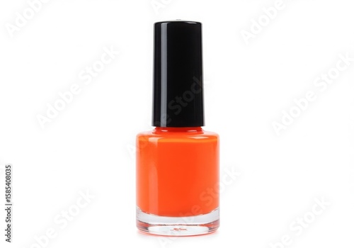 A bright orange nail polish bottle with a black cap isolated on white background