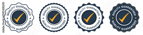 Quality Guarantee Badge Labels with Checkmark and Blue Gold Stamp Design