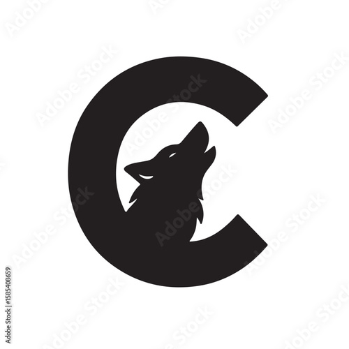 Black wolf howling inside letter C animal white