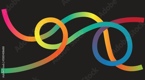 Abstract colorful ribbon loops on black background in a dynamic, curved flow. Vibrant gradient lines ideal for modern design, digital art, or branding. Energetic, stylish, and visually striking