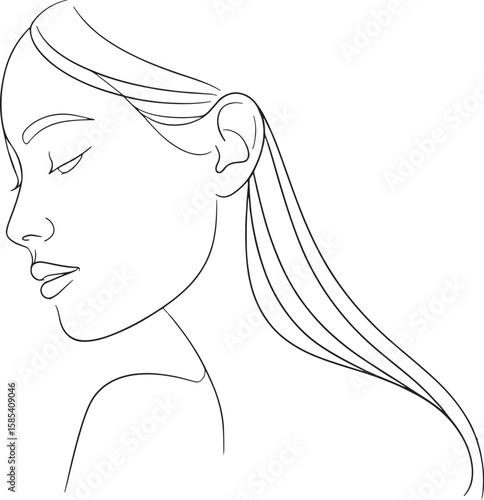 Elegant Minimalist Line Art Portrait of a Serene Woman with Flowing Hair Depicting Beauty and Grace