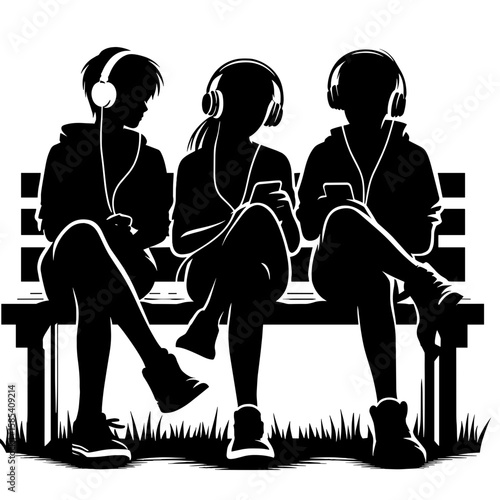 Three Friends on Bench with Headphones Silhouette, Symbolizing Shared Music Connection