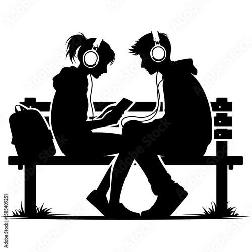 Two Teens Sharing Headphones on Bench Using Tablet, Symbolizing Digital Connection