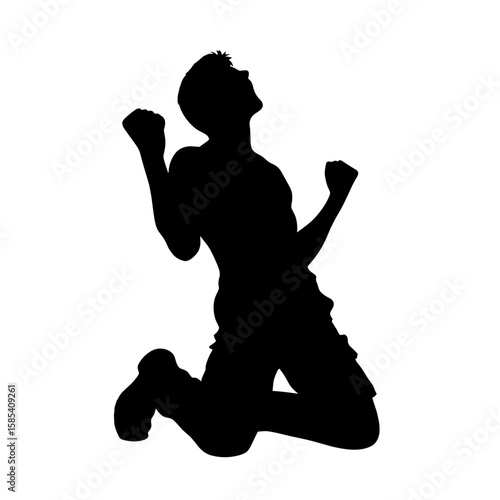 Man Kneeling in Victory Pose with Fists Raised, Symbolizing Triumph and Achievement