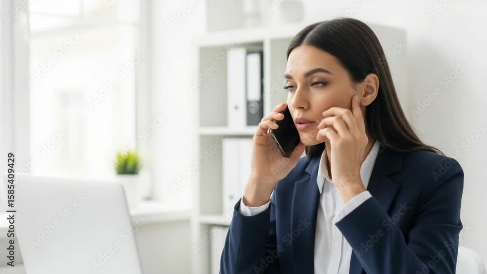 Businesswoman Discussing Strategy Over Phone in Modern Office Businesswoman Discussing Strategy Over Phone in Modern Office