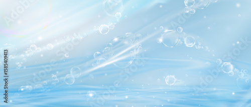Water texture on blue background,3d Liquid bubble under blue water molecule mixed with moisturizer concept for Cosmetic Essence,Spa,Teactment product design background,Vector for Beauty banner