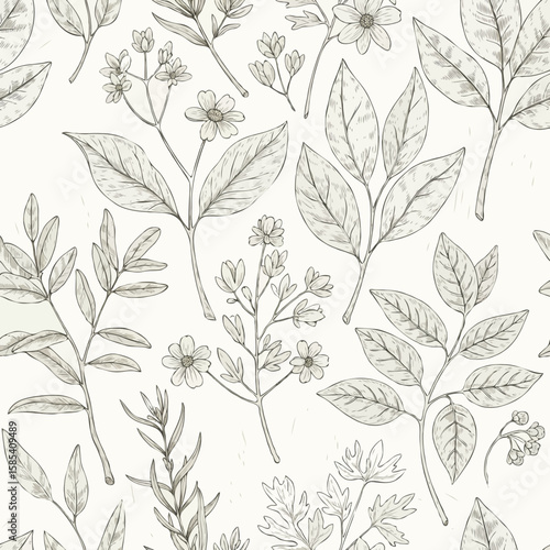 Botanical sketch pattern with leaves and flowers in monochrome