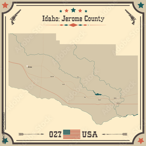 Large and accurate map of Jerome County, Idaho, USA with vintage colors.