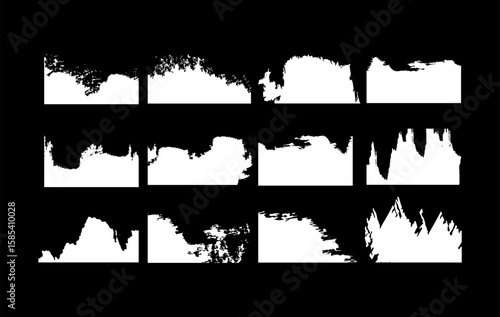 A collection of 12 handcrafted grunge ink brush banners with distressed edges. Ideal for posters, urban artwork, edgy web design, and bold social media graphics.