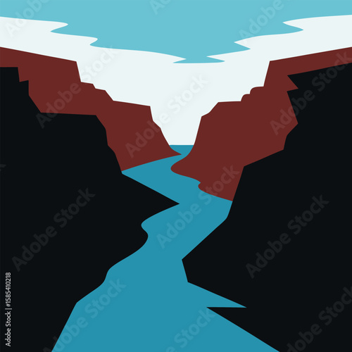 Vector art of a grand canyon landscape with a river flowing through the rocks