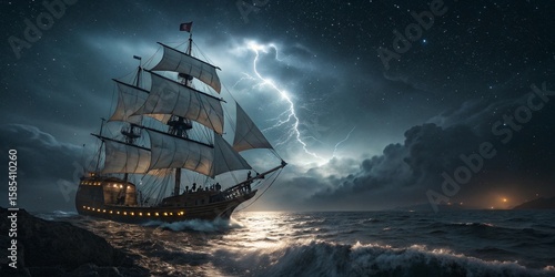 Photorealistic ghost ship “Flying Dutchman” sails stormy sea at night. Glowing sails, dark starry sky with lightning, surrounded by mist and eerie lights. Dramatic, mystical atmosphere. No people.