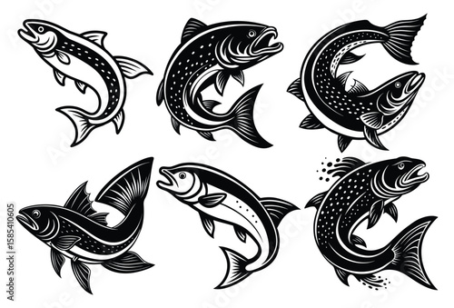 Fishing Jumping Fish Silhouette Vector – Minimal Outdoor Water Animal Clipart for Logo or T-Shirt Design.