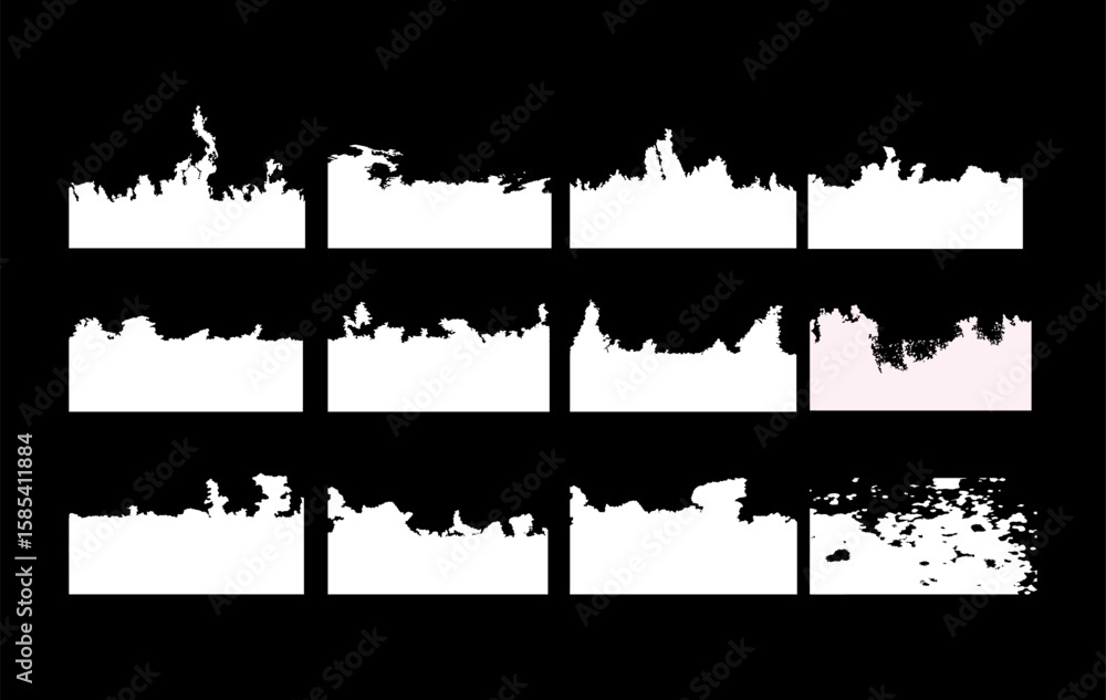 A high resolution collection of 12 unique torn and burned paper edge masks in white. Ideal for digital art, Photoshop projects, and edgy graphic design.