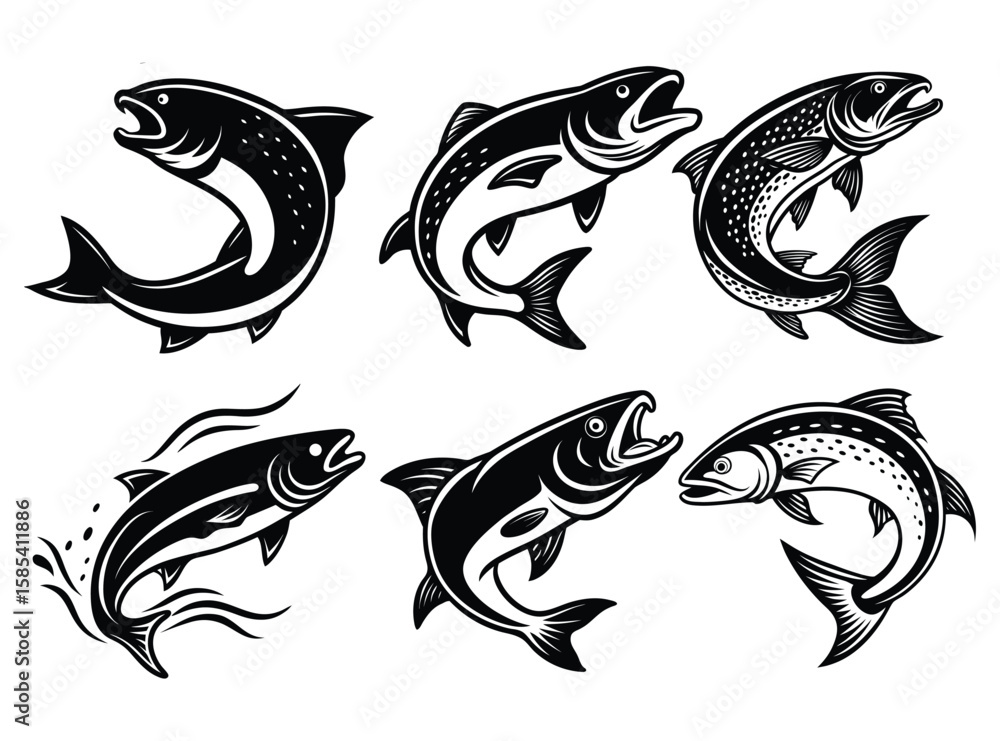 Naklejka premium Jumping Fish Silhouette Vector – Black Fish Outline for Fishing Design and Outdoor Themes