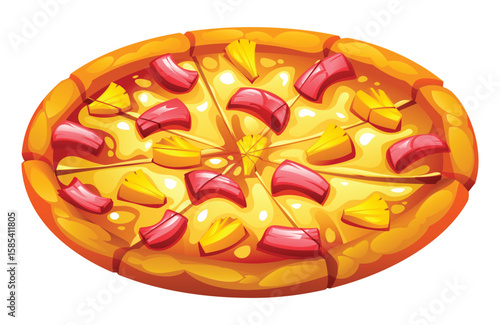 Whole Hawaiian pizza, sliced and loaded with ham and pineapple on a white background. Vector cartoon illustration