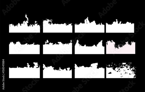 A high resolution collection of 12 unique torn and burned paper edge masks in white. Ideal for digital art, Photoshop projects, and edgy graphic design.