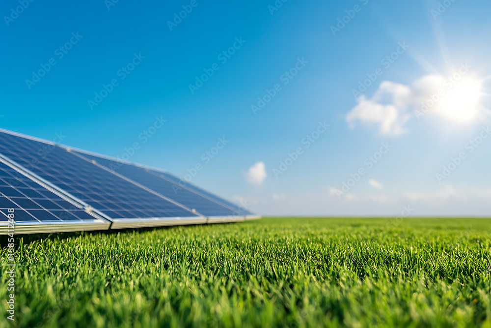 Fototapeta premium Solar panels in a field generating clean energy. Eco-friendly power source with a bright future.