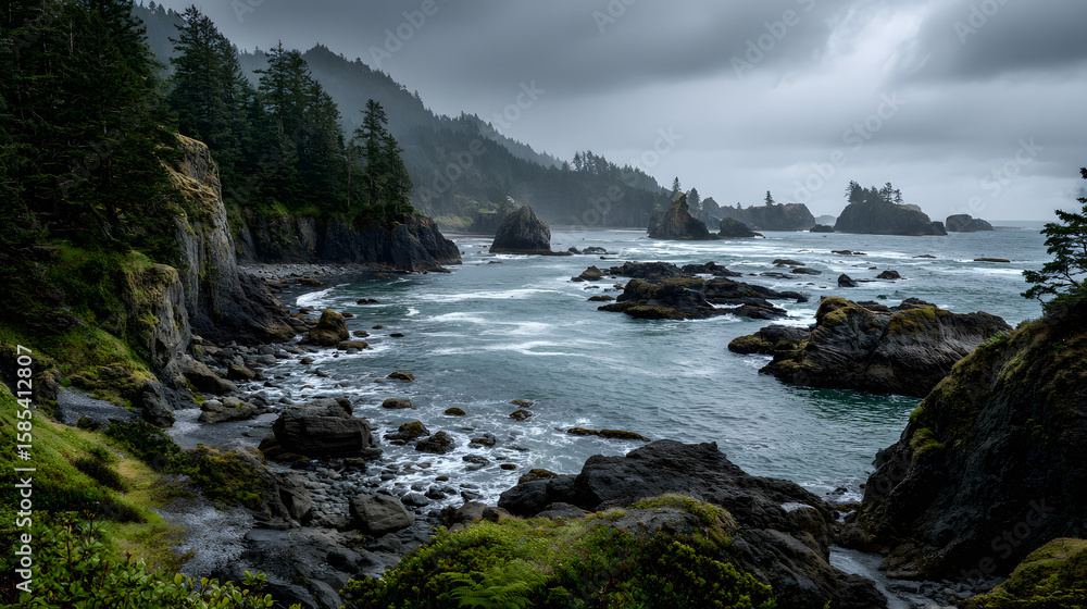 Obraz premium beautiful rocky coastline photo featuring storm gray moss green faded indigo and driftwood beige tones capturing rugged textures and natural seaside beauty