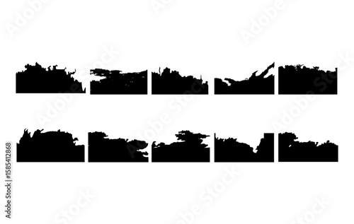 A set of 10 high resolution black grunge brush stroke borders. These abstract paint stroke silhouettes are ideal for use in digital art, background masks, or grunge themed graphic design projects. 