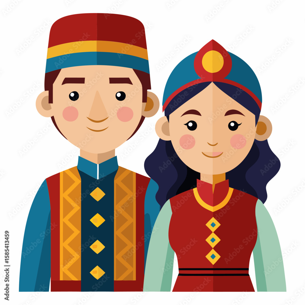 Naklejka premium Central Asian Couple in Traditional Clothing. A Glimpse into Rich Culture and Heritage