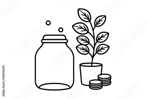 Savings Jar With Plant And Coins