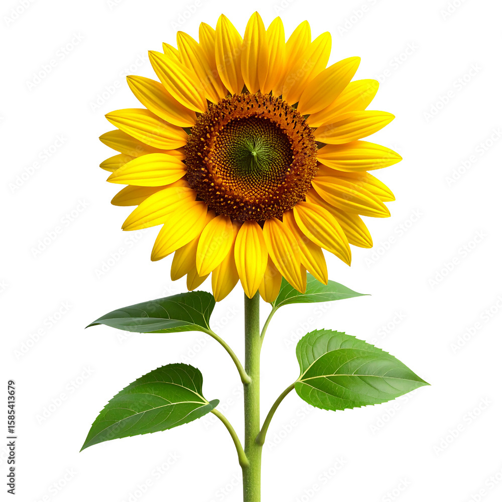 Obraz premium 3D Render of Sunflower Plant with Blooming Yellow Flower and Broad Green Leaves, Isolated PNG