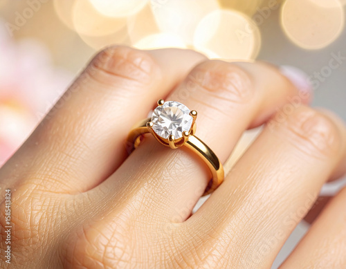 Elegant Gold Ring Worn on Finger – Symbol of Love, Engagement, Wedding, Fashion Accessory, Romantic Jewelry, Marriage Commitment, or Luxury Gift

