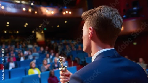 Moment of Triumph: A distinguished speaker stands confidently before an enraptured audience, clutching a gleaming trophy, signifying a moment of victory and recognition.