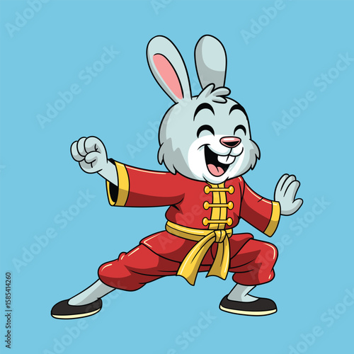 Energetic rabbit in red traditional outfit doing festive kung fu pose for Lunar New Year