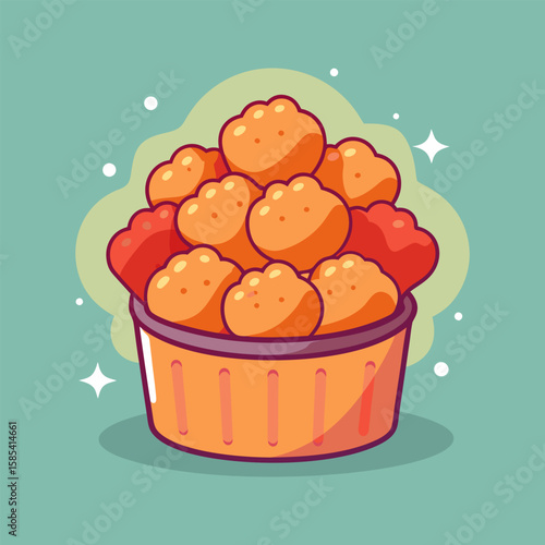 Cartoon Chicken Nuggets in a Bucket.  A Yummy Fast Food Illustration