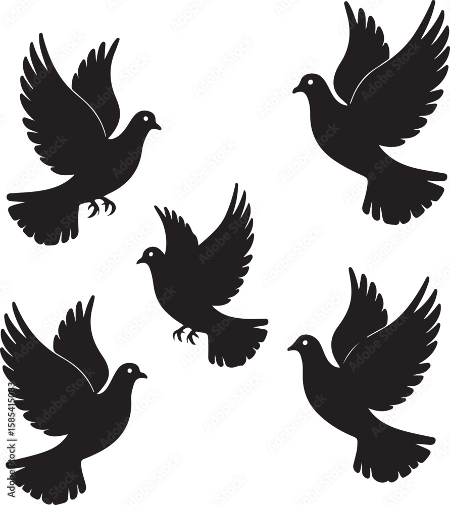 Fototapeta premium Five black silhouette doves flying gracefully against a clean white background