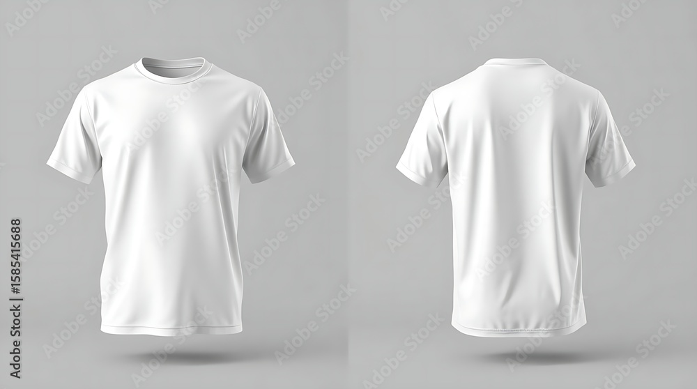 3D rendered plain white t-shirt with short sleeves displayed from multiple angles on isolated background, ideal for showcasing apparel designs, printing, and online fashion store presentation 3D rendered plain white t-shirt with short sleeves displayed from multiple angles on isolated background, ideal for showcasing apparel designs, printing, and online fashion store presentation