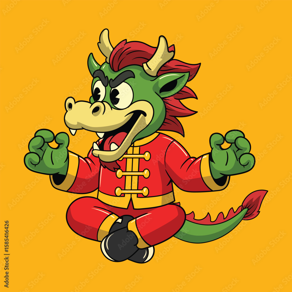 Fototapeta premium Happy cartoon dragon in traditional Chinese outfit, sitting cross-legged celebrating Lunar New Year Illustration