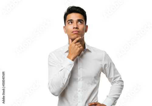 A young businessman is thinking with his hand on his chin, isolated on transparent background