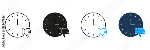 Clock With Thumbs Down Line And Solid Icon Set. Negative Time Management And Disapproval Symbol Collection. Time-Related Dissatisfaction And Scheduling Issues. Isolated Vector Illustration